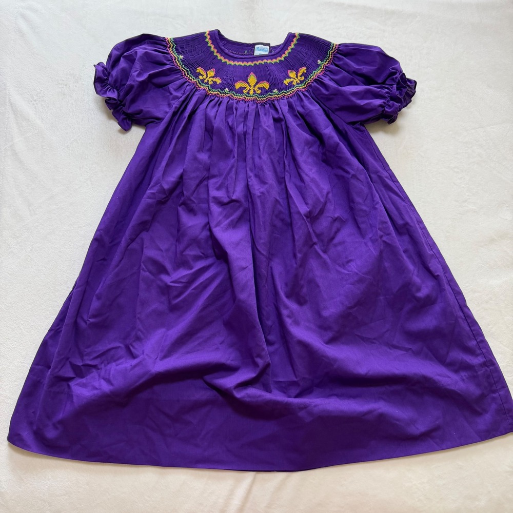 Rosalina Smocked Dress Girls 6Y Purple Fleur-de-lis Mardi‎ Gras Bishop Dress - Picture 2 of 7